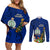 Personalised Niue Christmas Couples Matching Off Shoulder Short Dress and Long Sleeve Button Shirt Coat of Arms and Polynesian Tattoo Xmas Element Christmas Blue Vibe LT03 Blue - Polynesian Pride