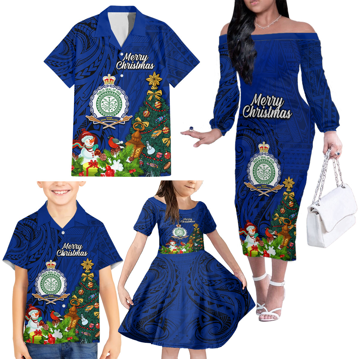 Personalised Niue Christmas Family Matching Off Shoulder Long Sleeve Dress and Hawaiian Shirt Coat of Arms and Polynesian Tattoo Xmas Element Christmas Blue Vibe LT03 - Polynesian Pride