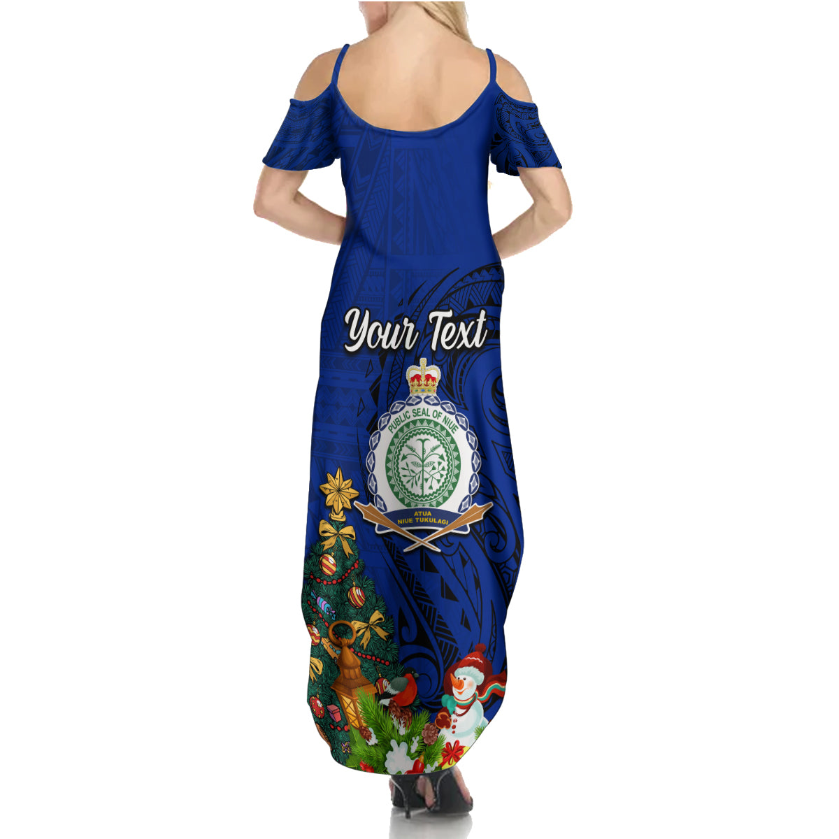 Personalised Niue Christmas Family Matching Summer Maxi Dress and Hawaiian Shirt Coat of Arms and Polynesian Tattoo Xmas Element Christmas Blue Vibe LT03 - Polynesian Pride