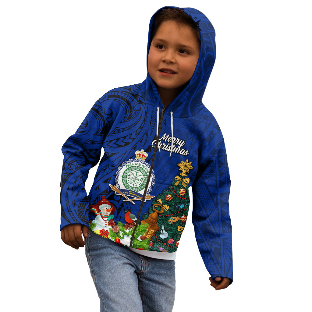 Personalised Niue Christmas Kid Hoodie Coat of Arms and Polynesian Tattoo Xmas Element Christmas Blue Vibe LT03 - Polynesian Pride