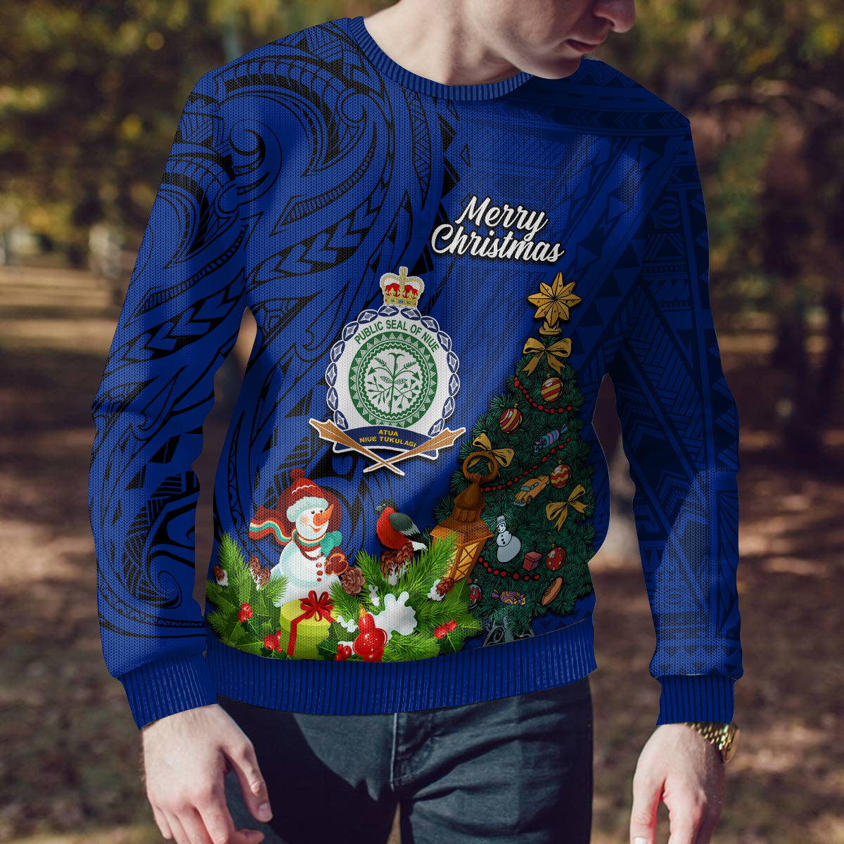 Personalised Niue Christmas Ugly Christmas Sweater Coat of Arms and Polynesian Tattoo Xmas Element Christmas Blue Vibe LT03 - Polynesian Pride