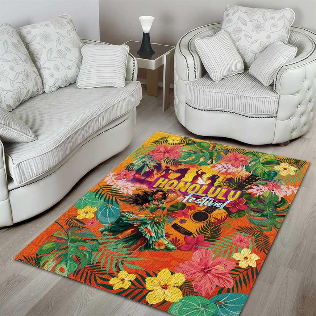 Hawaiian Honolulu Festival Area Rug Hawaiian Identity - Hula Dancer and Ukulele Tropical Plants Style