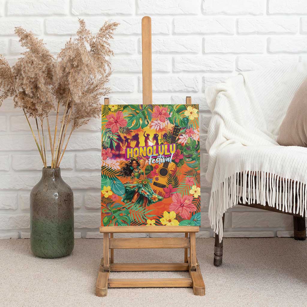 Hawaiian Honolulu Festival Canvas Wall Art Hawaiian Identity - Hula Dancer and Ukulele Tropical Plants Style