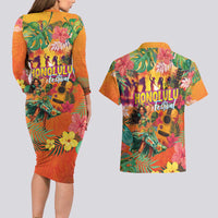 Hawaiian Honolulu Festival Couples Matching Long Sleeve Bodycon Dress and Hawaiian Shirt Hawaiian Identity - Hula Dancer and Ukulele Tropical Plants Style