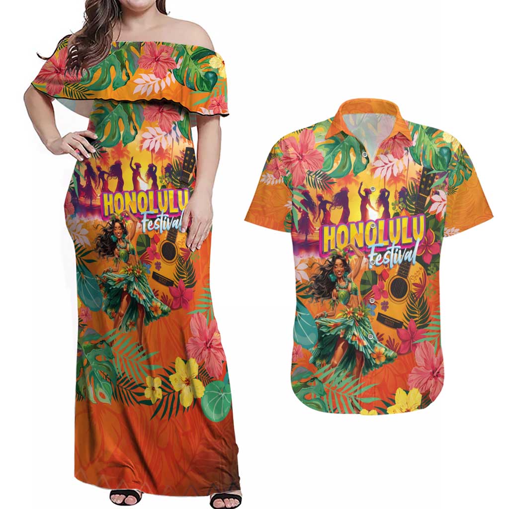 Hawaiian Honolulu Festival Couples Matching Off Shoulder Maxi Dress and Hawaiian Shirt Hawaiian Identity - Hula Dancer and Ukulele Tropical Plants Style