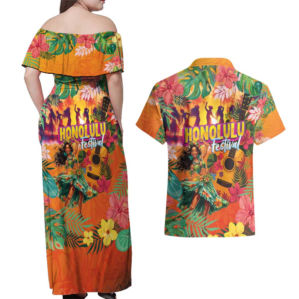 Hawaiian Honolulu Festival Couples Matching Off Shoulder Maxi Dress and Hawaiian Shirt Hawaiian Identity - Hula Dancer and Ukulele Tropical Plants Style
