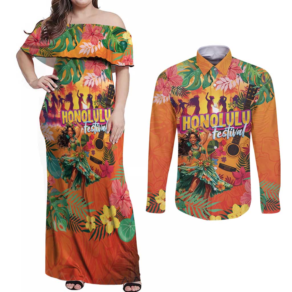Hawaiian Honolulu Festival Couples Matching Off Shoulder Maxi Dress and Long Sleeve Button Shirt Hawaiian Identity - Hula Dancer and Ukulele Tropical Plants Style