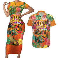 Hawaiian Honolulu Festival Couples Matching Short Sleeve Bodycon Dress and Hawaiian Shirt Hawaiian Identity - Hula Dancer and Ukulele Tropical Plants Style