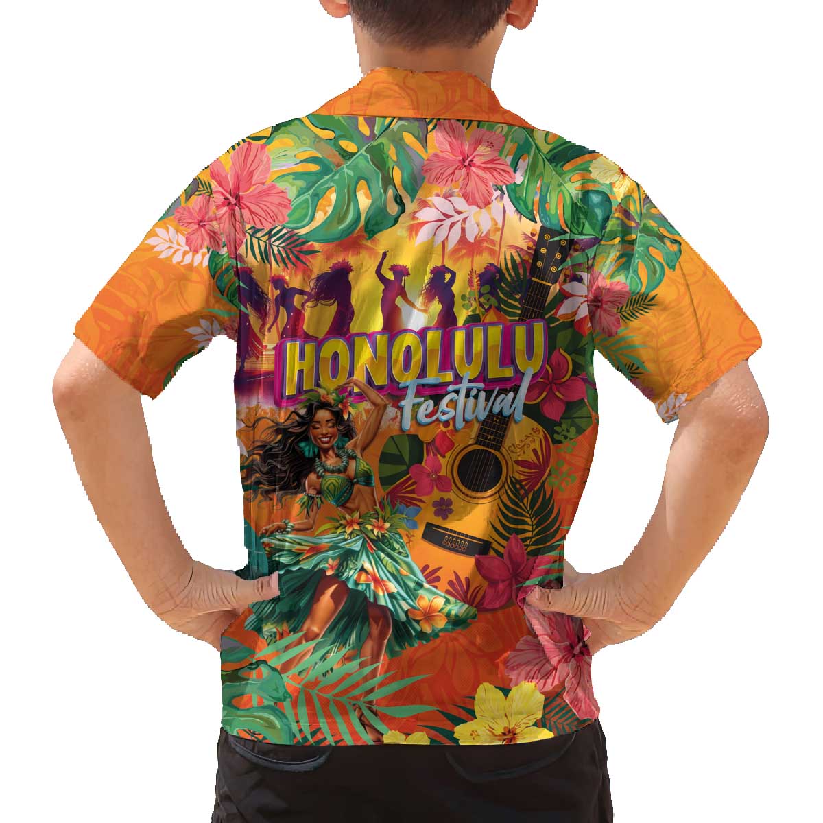 Hawaiian Honolulu Festival Family Matching Off The Shoulder Long Sleeve Dress and Hawaiian Shirt Hawaiian Identity - Hula Dancer and Ukulele Tropical Plants Style