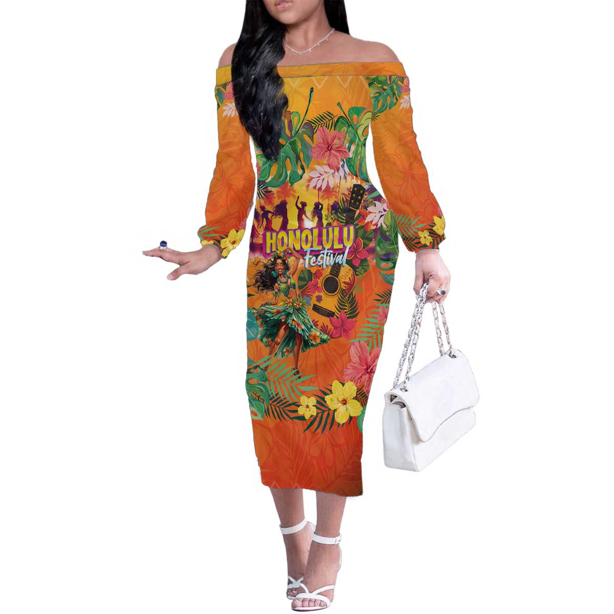 Hawaiian Honolulu Festival Family Matching Off The Shoulder Long Sleeve Dress and Hawaiian Shirt Hawaiian Identity - Hula Dancer and Ukulele Tropical Plants Style