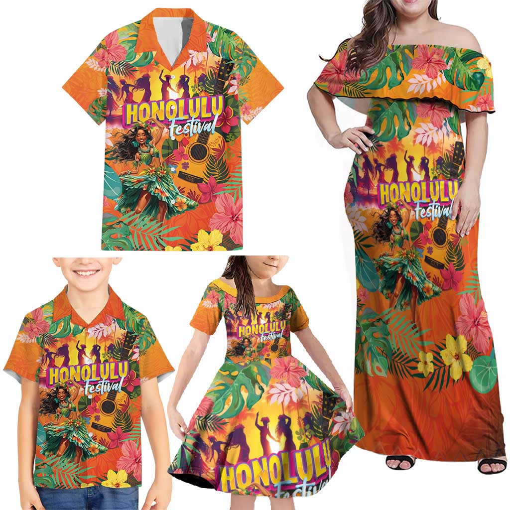 Hawaiian Honolulu Festival Family Matching Off Shoulder Maxi Dress and Hawaiian Shirt Hawaiian Identity - Hula Dancer and Ukulele Tropical Plants Style