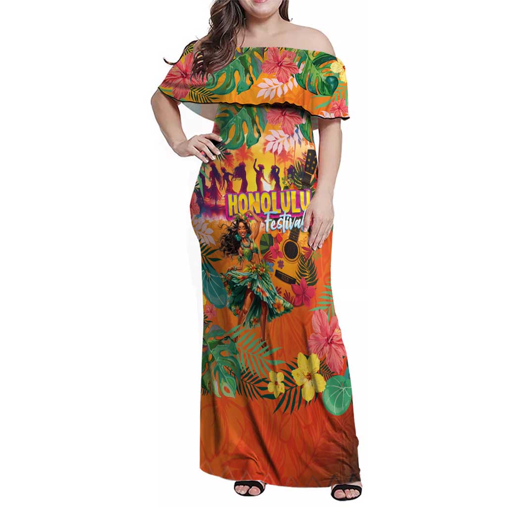 Hawaiian Honolulu Festival Family Matching Off Shoulder Maxi Dress and Hawaiian Shirt Hawaiian Identity - Hula Dancer and Ukulele Tropical Plants Style