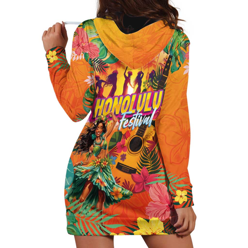 Hawaiian Honolulu Festival Hoodie Dress Hawaiian Identity - Hula Dancer and Ukulele Tropical Plants Style