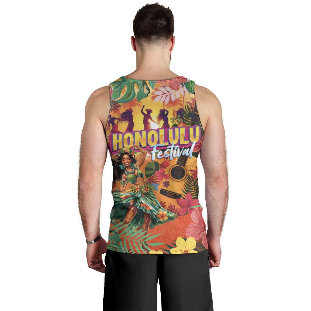 Hawaiian Honolulu Festival Men Tank Top Hawaiian Identity - Hula Dancer and Ukulele Tropical Plants Style