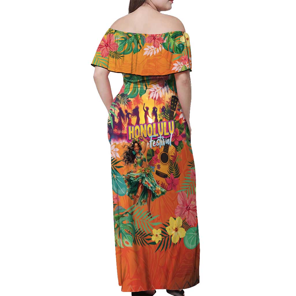 Hawaiian Honolulu Festival Off Shoulder Maxi Dress Hawaiian Identity - Hula Dancer and Ukulele Tropical Plants Style