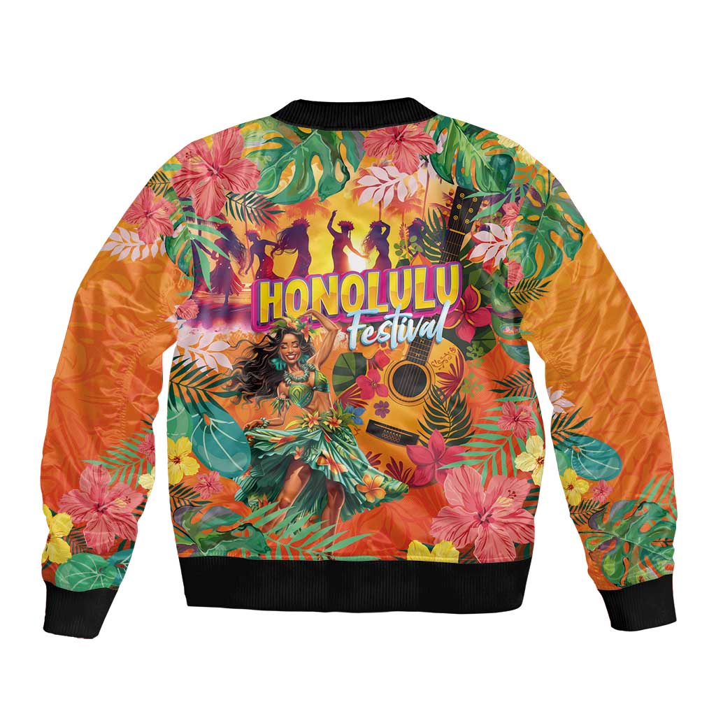 Hawaiian Honolulu Festival Sleeve Zip Bomber Jacket Hawaiian Identity - Hula Dancer and Ukulele Tropical Plants Style
