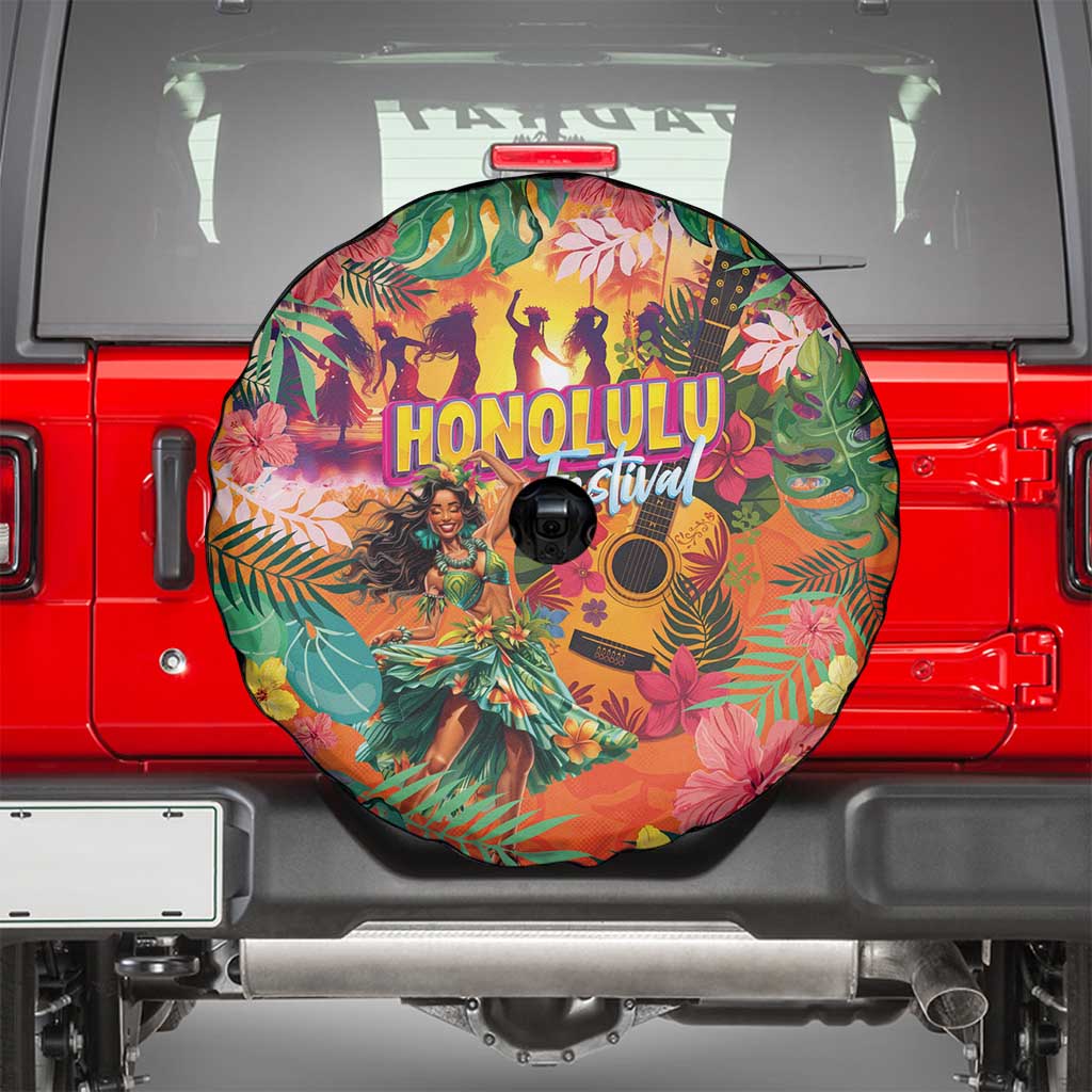 Hawaiian Honolulu Festival Spare Tire Cover Hawaiian Identity - Hula Dancer and Ukulele Tropical Plants Style