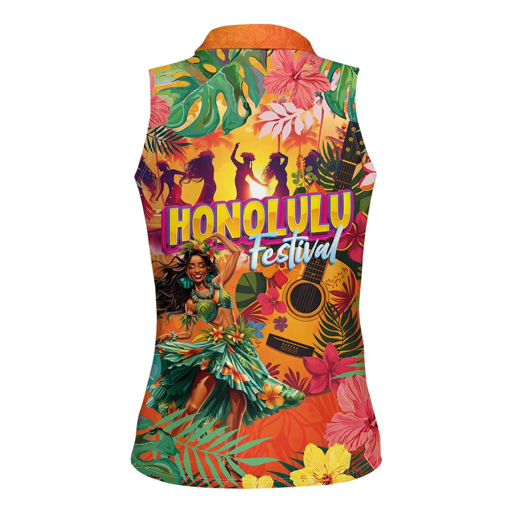 Hawaiian Honolulu Festival Women Sleeveless Polo Shirt Hawaiian Identity - Hula Dancer and Ukulele Tropical Plants Style