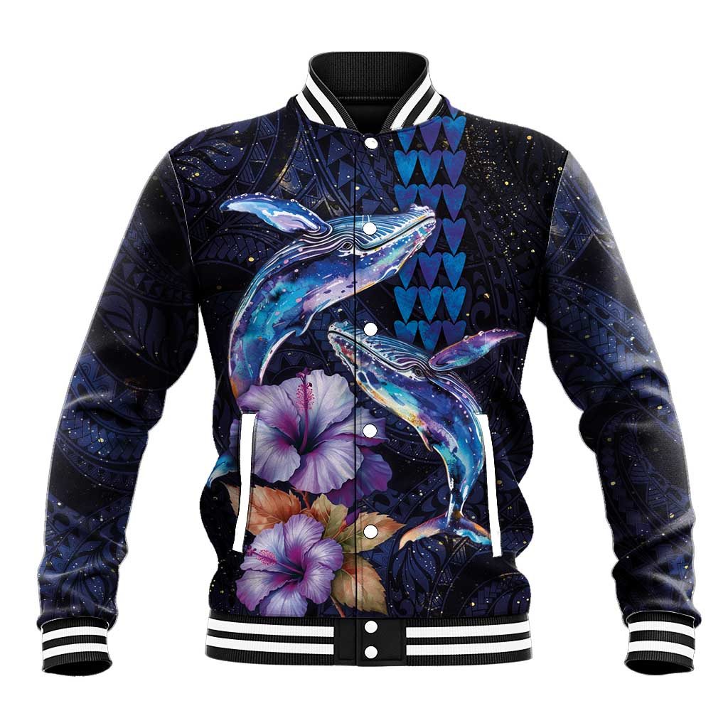 Hawaiian Whales Love Couple Baseball Jacket Hibiscus and Kakau Art Tattoo Night Sky Vibe