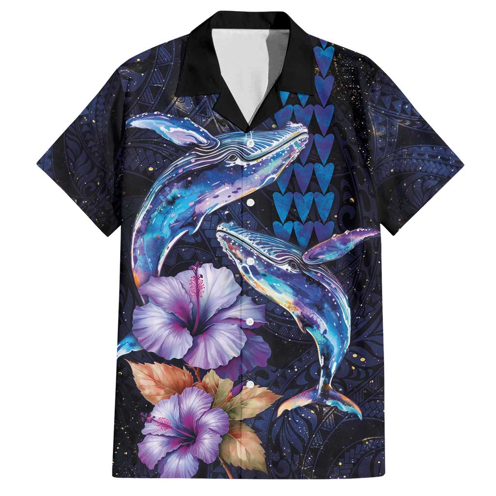 Hawaiian Whales Love Couple Family Matching Off Shoulder Maxi Dress and Hawaiian Shirt Hibiscus and Kakau Art Tattoo Night Sky Vibe