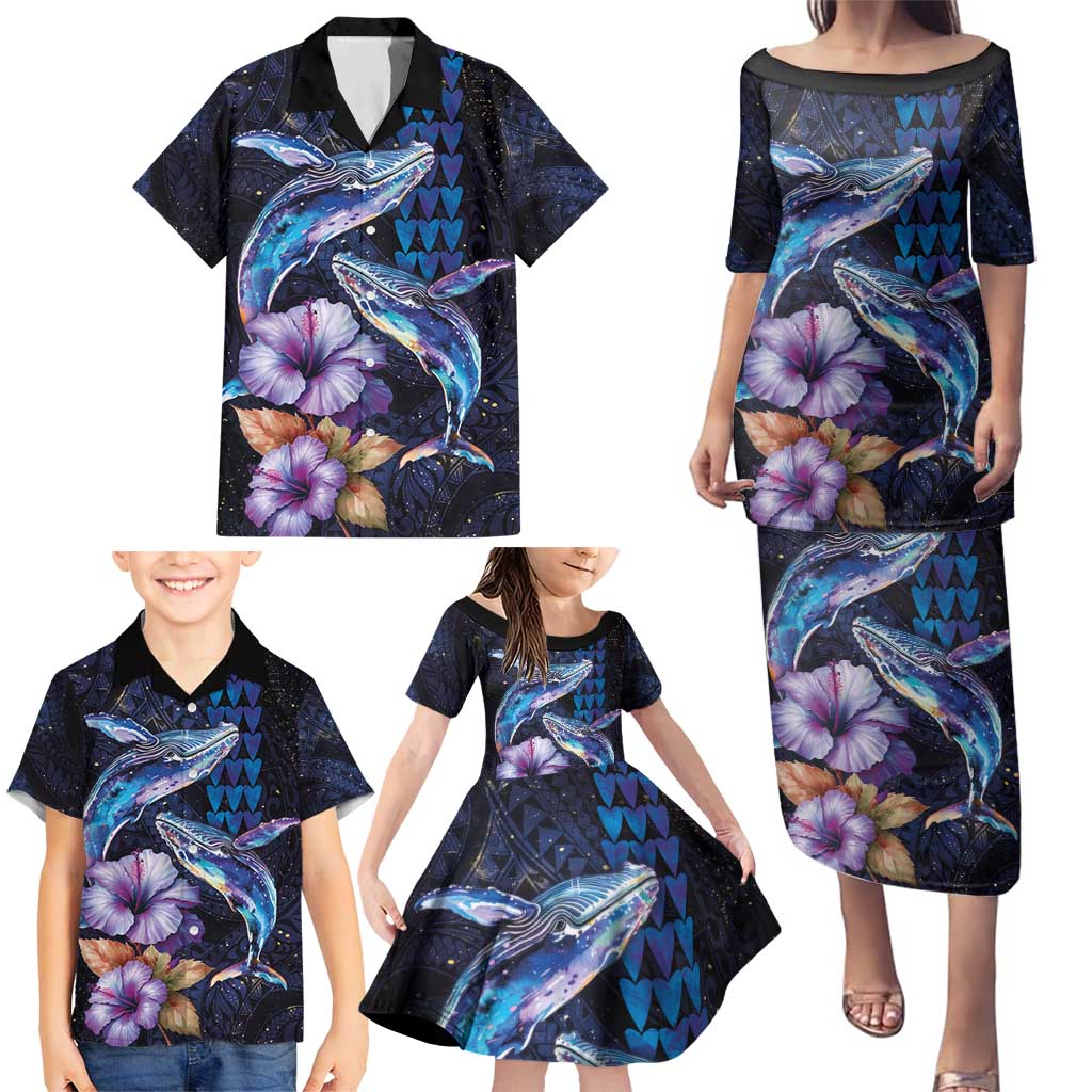 Hawaiian Whales Love Couple Family Matching Puletasi and Hawaiian Shirt Hibiscus and Kakau Art Tattoo Night Sky Vibe