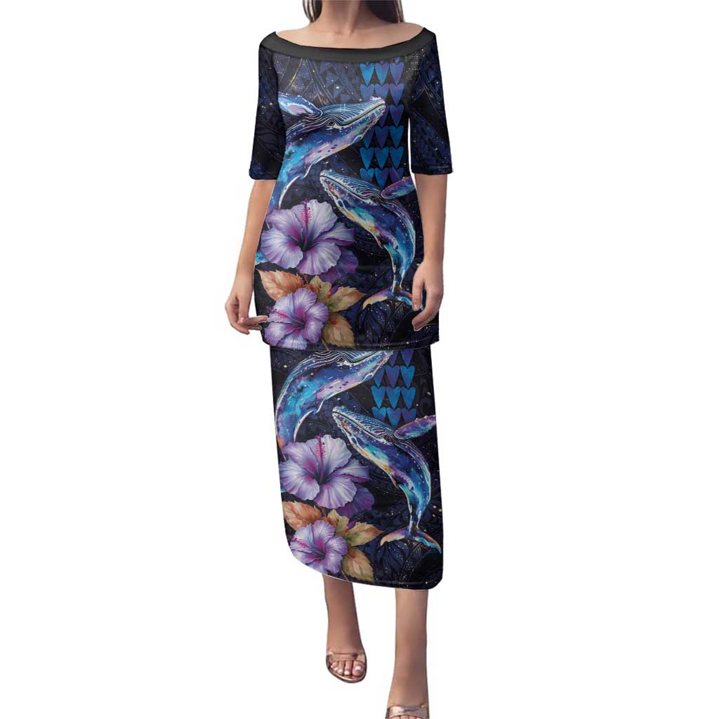 Hawaiian Whales Love Couple Family Matching Puletasi and Hawaiian Shirt Hibiscus and Kakau Art Tattoo Night Sky Vibe