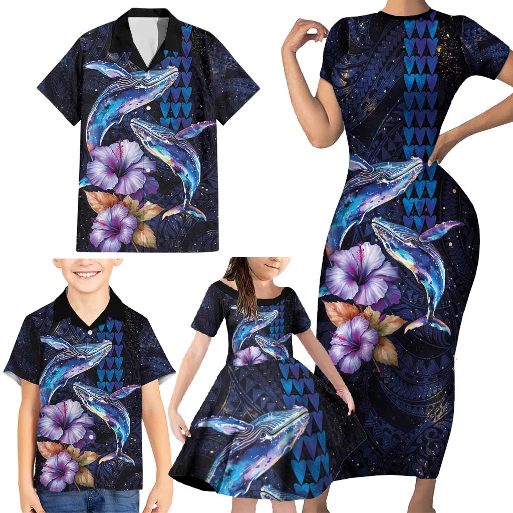 Hawaiian Whales Love Couple Family Matching Short Sleeve Bodycon Dress and Hawaiian Shirt Hibiscus and Kakau Art Tattoo Night Sky Vibe
