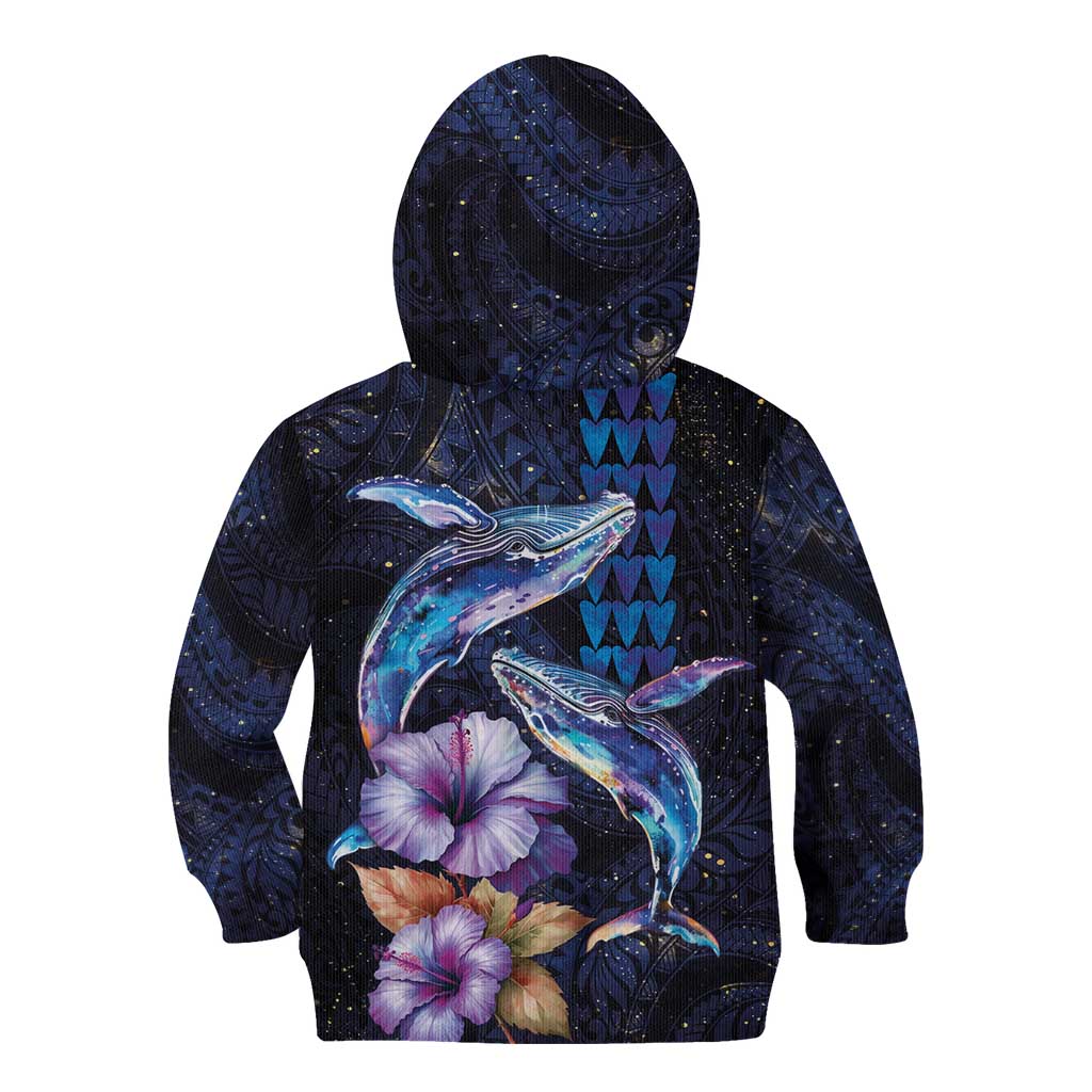 Hawaiian Whales Love Couple Kid Hoodie Hibiscus and Kakau Art Tattoo Night Sky Vibe