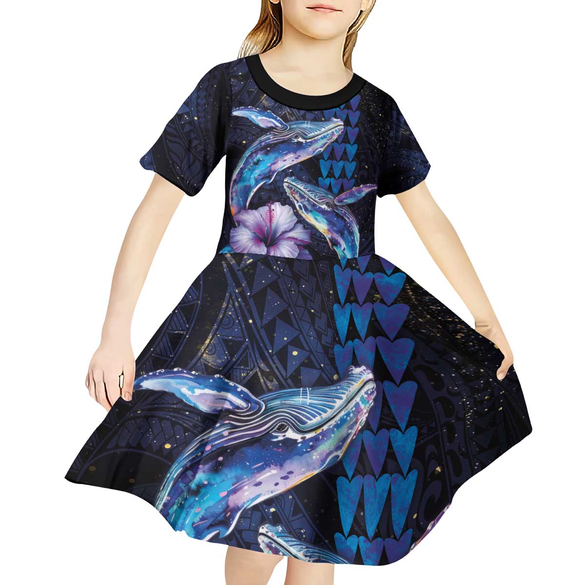 Hawaiian Whales Love Couple Kid Short Sleeve Dress Hibiscus and Kakau Art Tattoo Night Sky Vibe