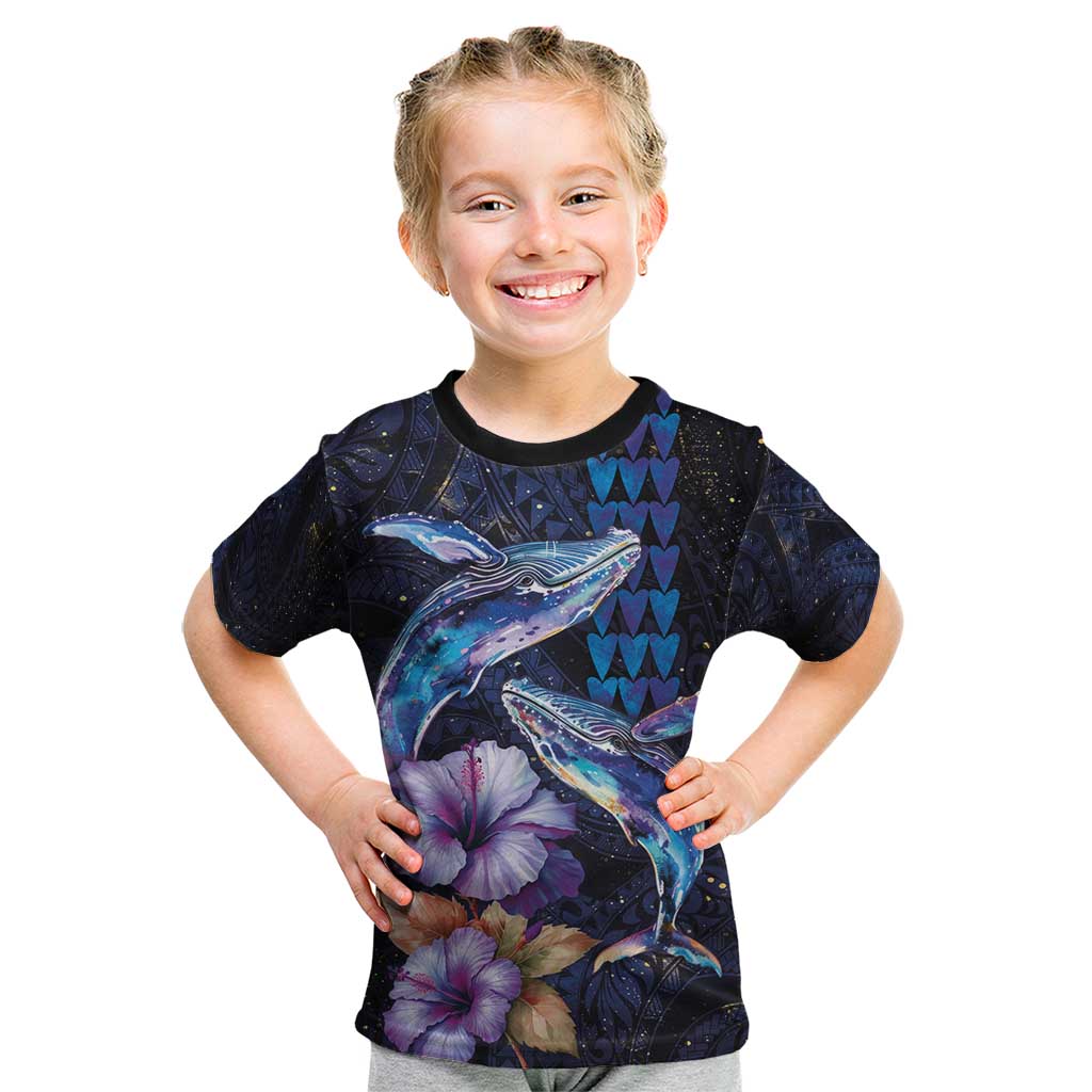 Hawaiian Whales Love Couple Kid T Shirt Hibiscus and Kakau Art Tattoo Night Sky Vibe