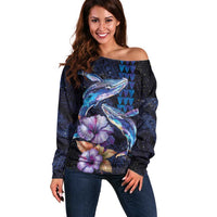 Hawaiian Whales Love Couple Off Shoulder Sweater Hibiscus and Kakau Art Tattoo Night Sky Vibe