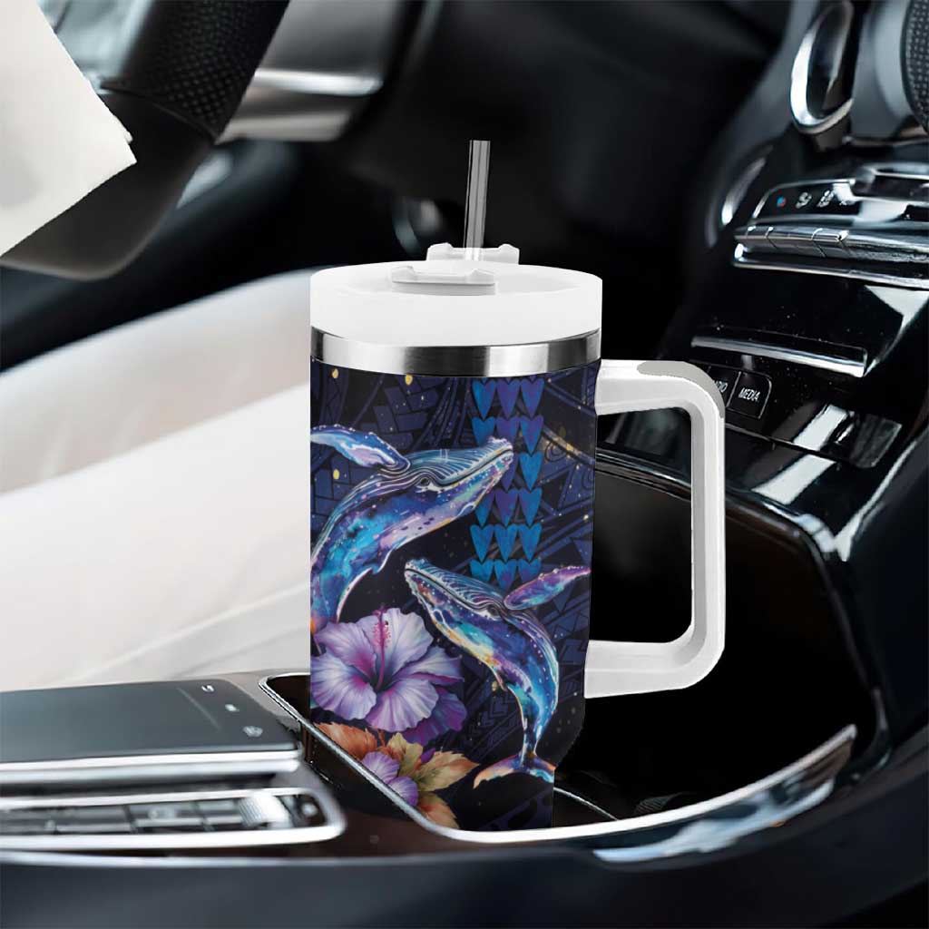 Hawaiian Whales Love Couple Tumbler With Handle Hibiscus and Kakau Art Tattoo Night Sky Vibe