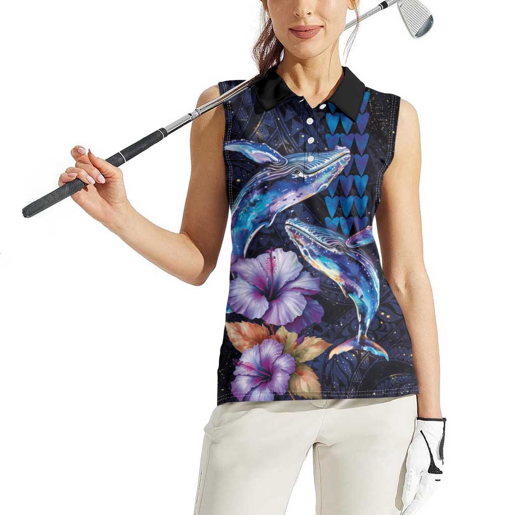 Hawaiian Whales Love Couple Women Sleeveless Polo Shirt Hibiscus and Kakau Art Tattoo Night Sky Vibe