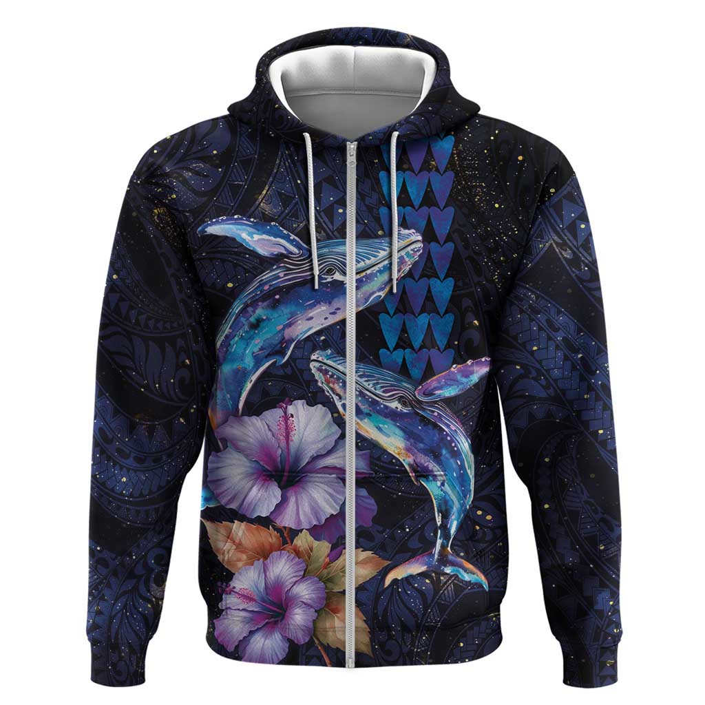 Hawaiian Whales Love Couple Zip Hoodie Hibiscus and Kakau Art Tattoo Night Sky Vibe