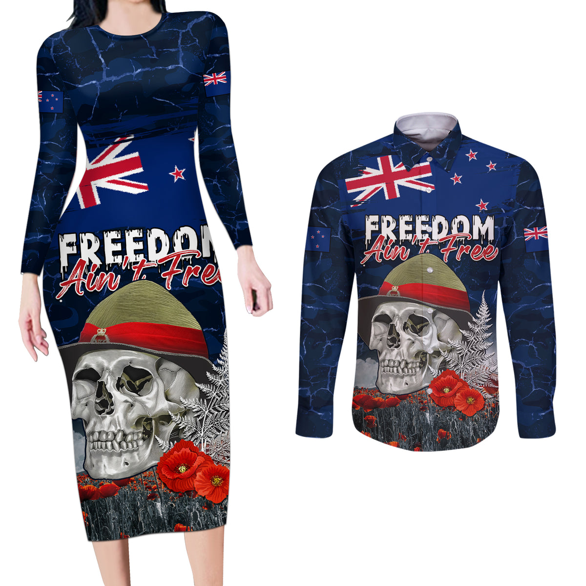 New Zealand ANZAC Day Couples Matching Long Sleeve Bodycon Dress and Long Sleeve Button Shirt Freedom Ain't Free LT05 Blue - Polynesian Pride