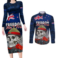 New Zealand ANZAC Day Couples Matching Long Sleeve Bodycon Dress and Long Sleeve Button Shirt Freedom Ain't Free LT05 Blue - Polynesian Pride