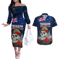 New Zealand ANZAC Day Couples Matching Off The Shoulder Long Sleeve Dress and Hawaiian Shirt Freedom Ain't Free LT05 Blue - Polynesian Pride
