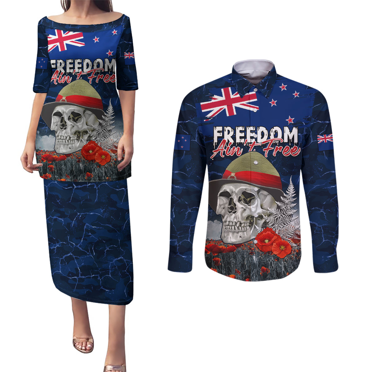 New Zealand ANZAC Day Couples Matching Puletasi and Long Sleeve Button Shirt Freedom Ain't Free LT05 Blue - Polynesian Pride