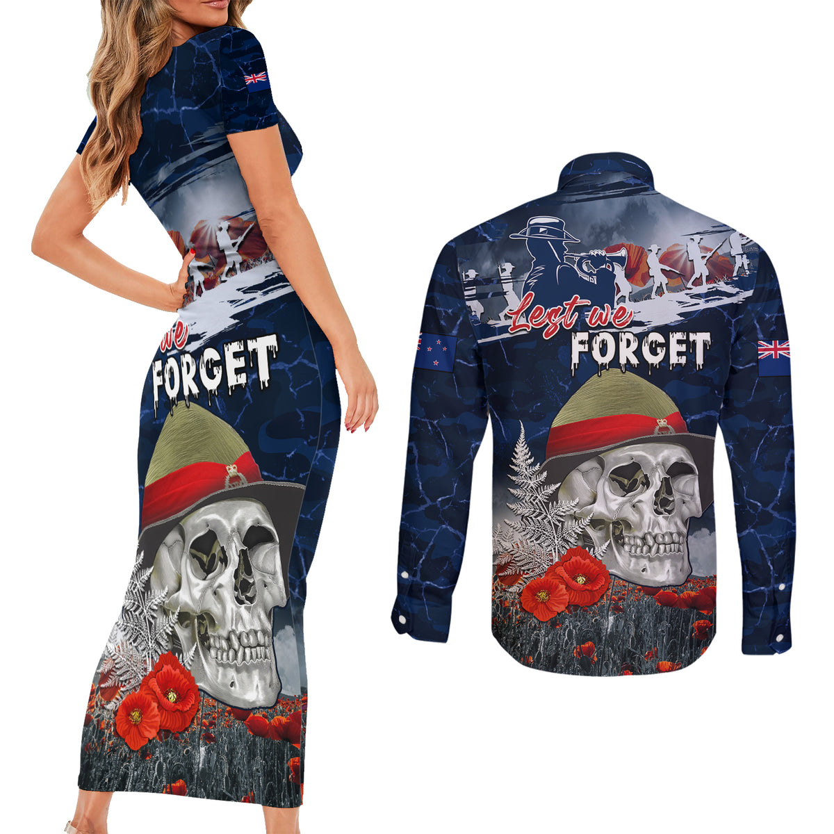 New Zealand ANZAC Day Couples Matching Short Sleeve Bodycon Dress and Long Sleeve Button Shirt Freedom Ain't Free LT05 - Polynesian Pride