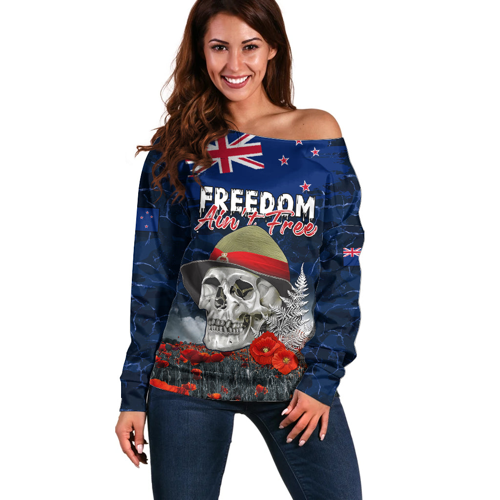 New Zealand ANZAC Day Off Shoulder Sweater Freedom Ain't Free LT05 Women Blue - Polynesian Pride