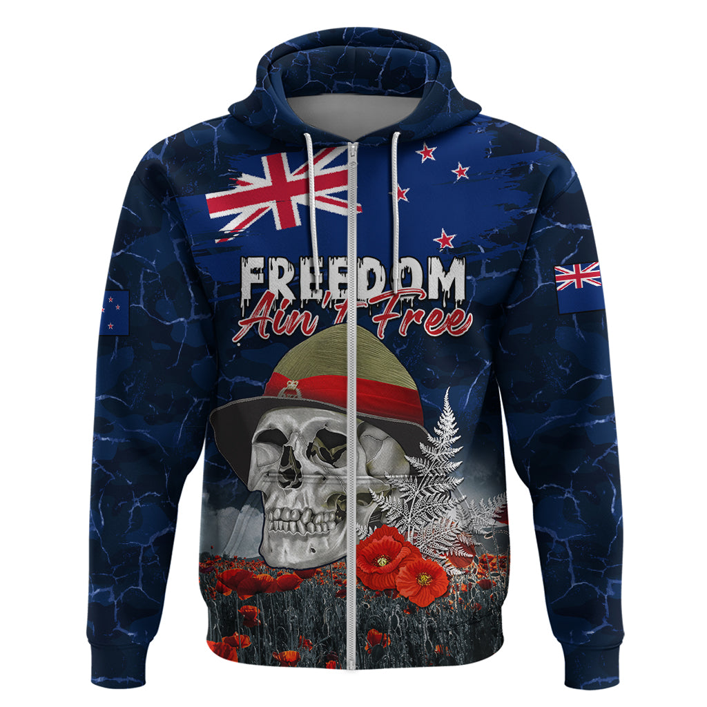 New Zealand ANZAC Day Zip Hoodie Freedom Ain't Free LT05 Zip Hoodie Blue - Polynesian Pride