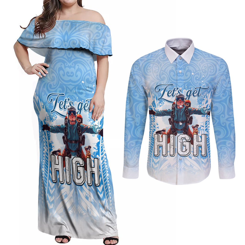 New Zealand Sky Diving Couples Matching Off Shoulder Maxi Dress and Long Sleeve Button Shirt Lets Get High