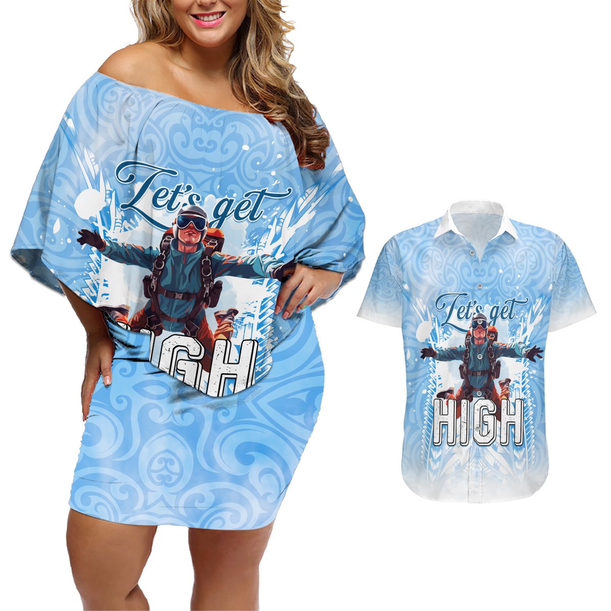 New Zealand Sky Diving Couples Matching Off Shoulder Short Dress and Hawaiian Shirt Lets Get High LT05 Blue - Polynesian Pride