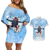 New Zealand Sky Diving Couples Matching Off Shoulder Short Dress and Hawaiian Shirt Lets Get High LT05 Blue - Polynesian Pride