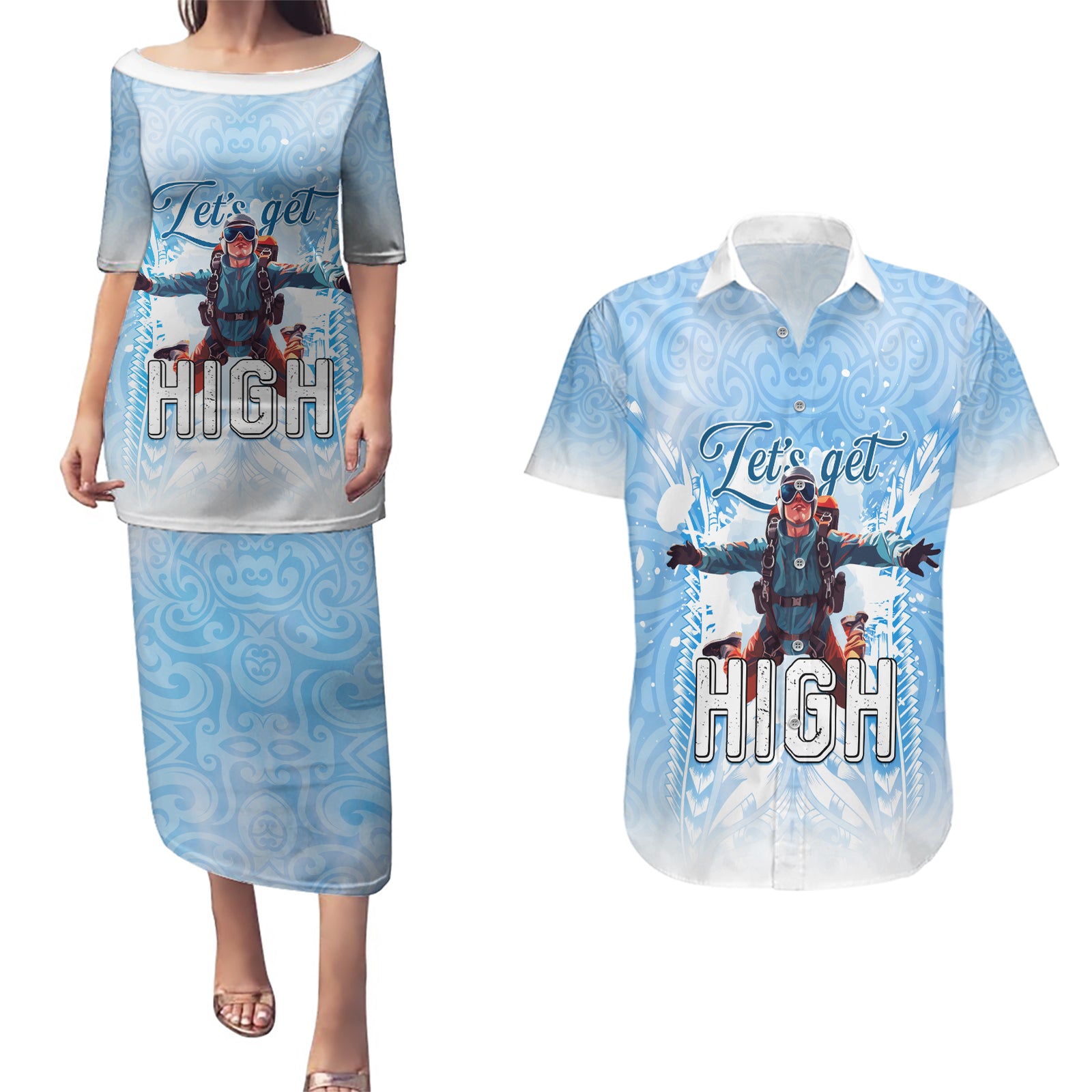 New Zealand Sky Diving Couples Matching Puletasi and Hawaiian Shirt Lets Get High