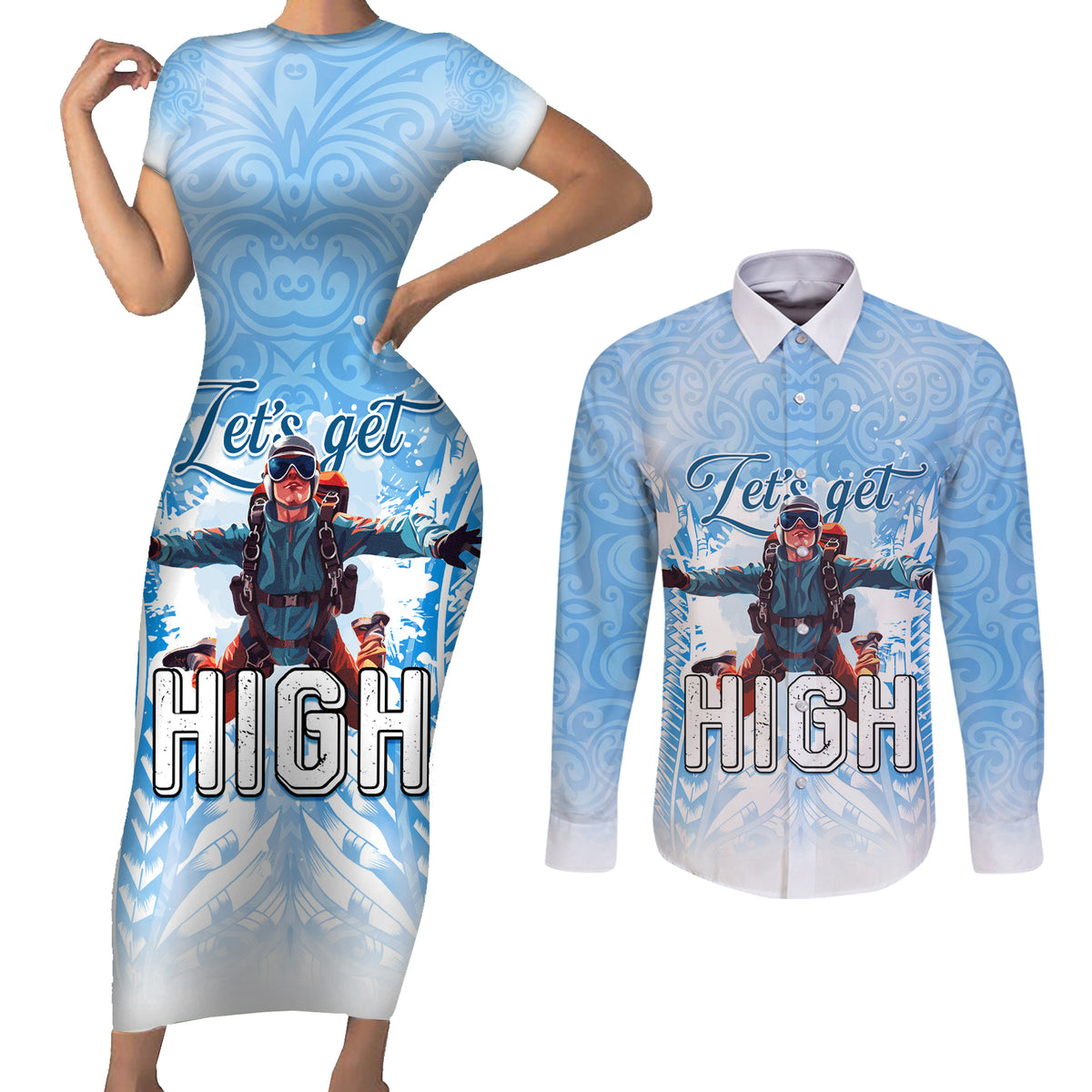 New Zealand Sky Diving Couples Matching Short Sleeve Bodycon Dress and Long Sleeve Button Shirt Lets Get High LT05 Blue - Polynesian Pride