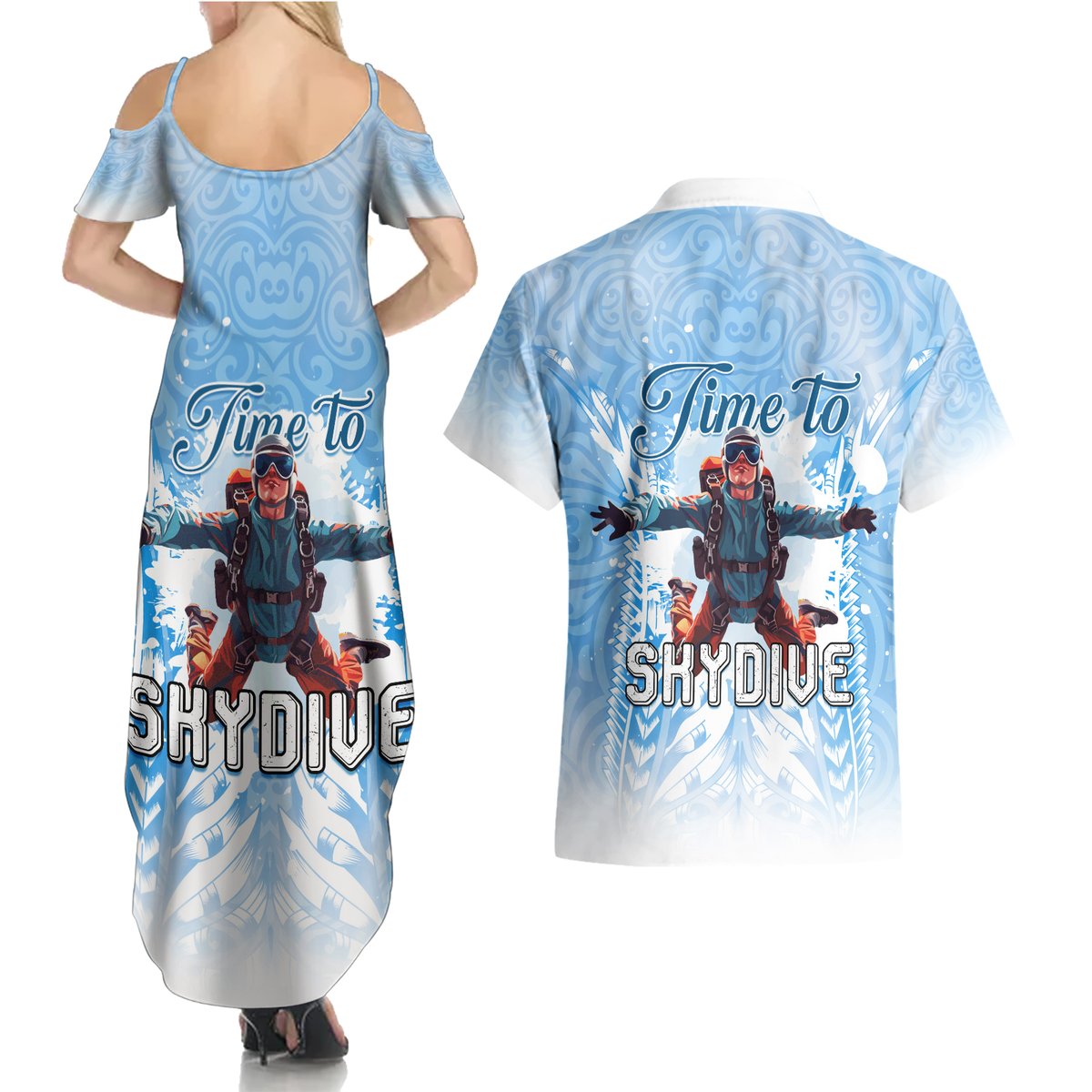 New Zealand Sky Diving Couples Matching Summer Maxi Dress and Hawaiian Shirt Lets Get High LT05 - Polynesian Pride