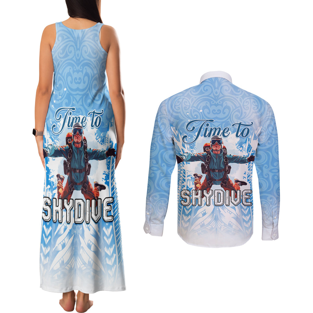 New Zealand Sky Diving Couples Matching Tank Maxi Dress and Long Sleeve Button Shirt Lets Get High LT05 - Polynesian Pride