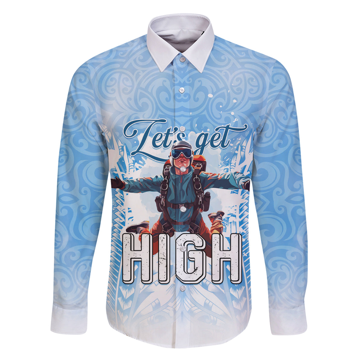 New Zealand Sky Diving Family Matching Puletasi and Hawaiian Shirt Lets Get High LT05 Dad's Shirt - Long Sleeve Blue - Polynesian Pride