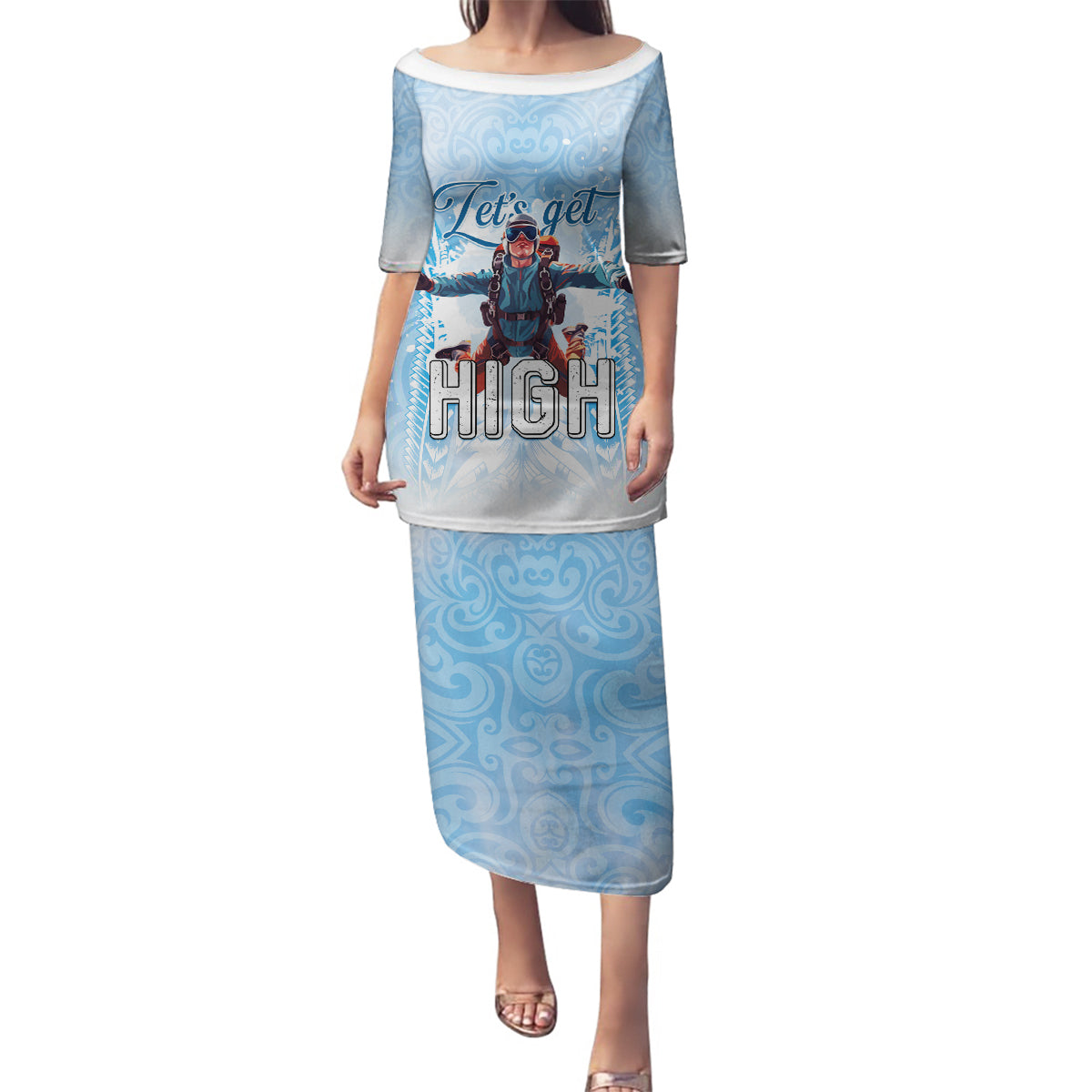 New Zealand Sky Diving Family Matching Puletasi and Hawaiian Shirt Lets Get High LT05 Mom's Dress Blue - Polynesian Pride